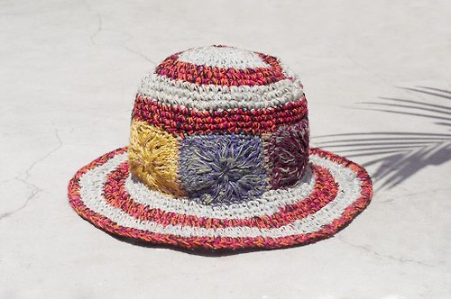 omhandmade 限量一件 手工編織棉麻帽/編織帽/漁夫帽/草帽/遮陽帽/鉤織帽 - 鮮豔對比色 熱帶森林系花朵編織