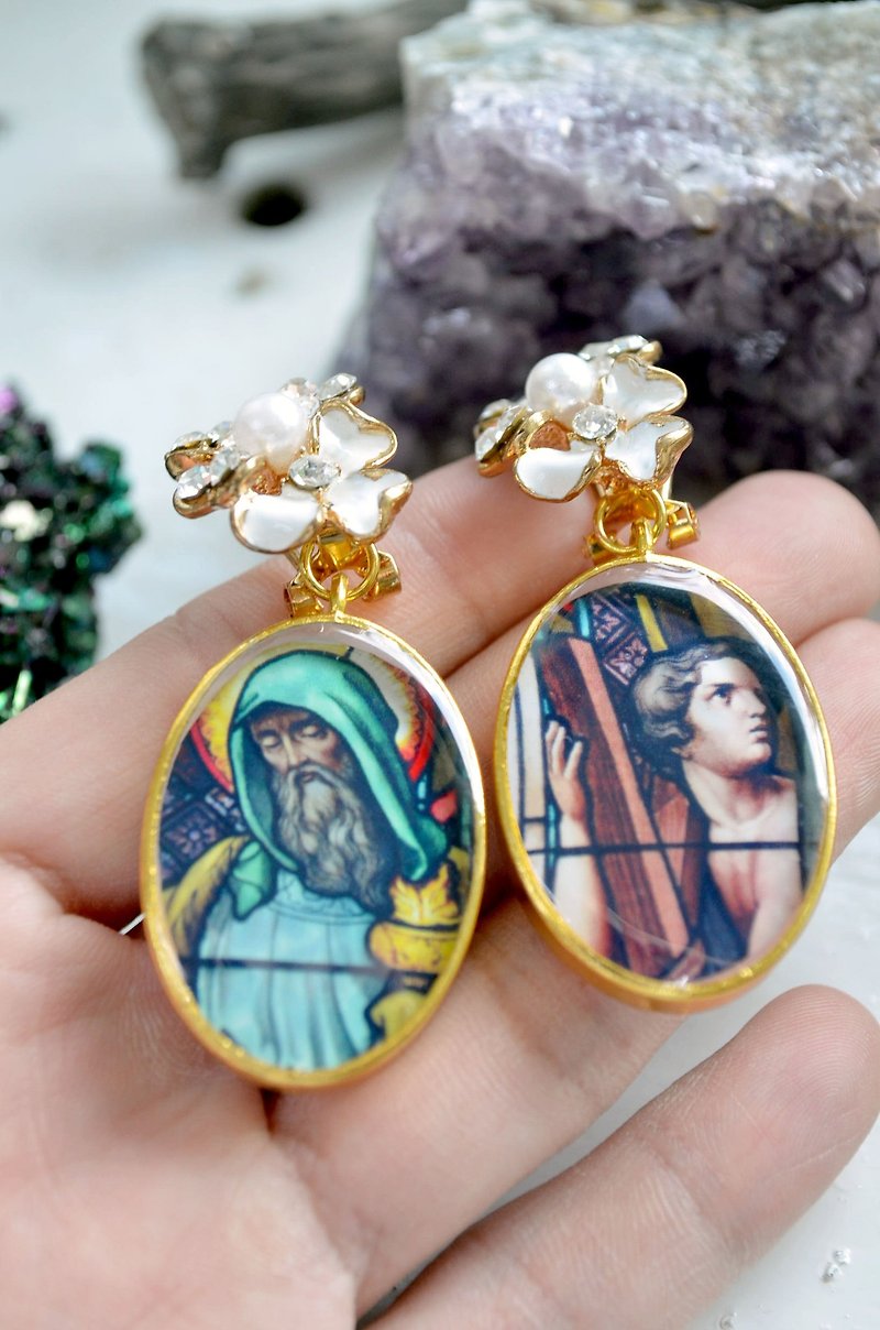 TIMBEE LO hand-made church window grille earrings a pair of pattern photos can be customized rectangular - Earrings & Clip-ons - Other Metals Multicolor