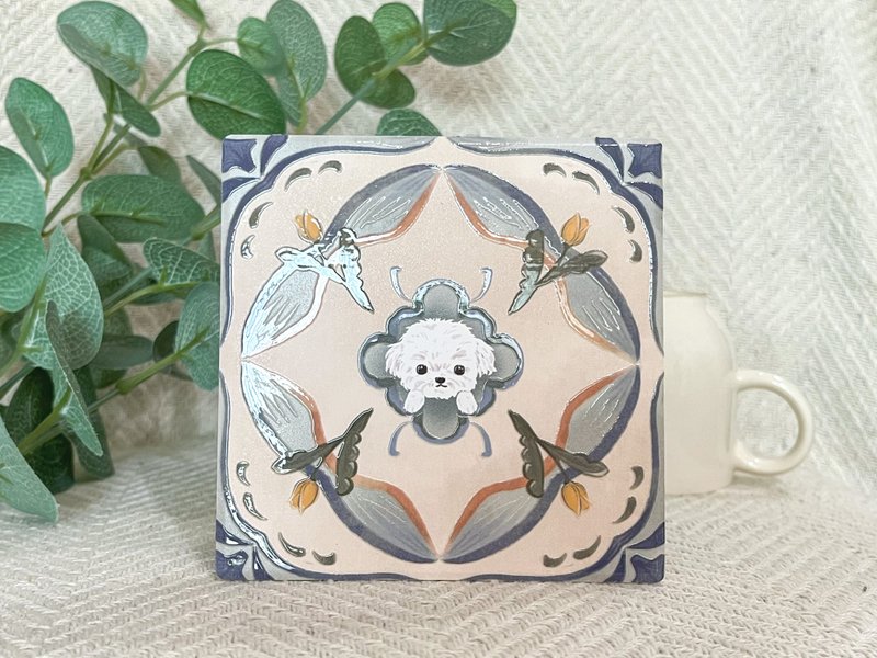 Tile peek-a-boo coaster Maltese | Wedding souvenir Yingge ceramic three-dimensional pattern wooden gift - Coasters - Pottery Multicolor