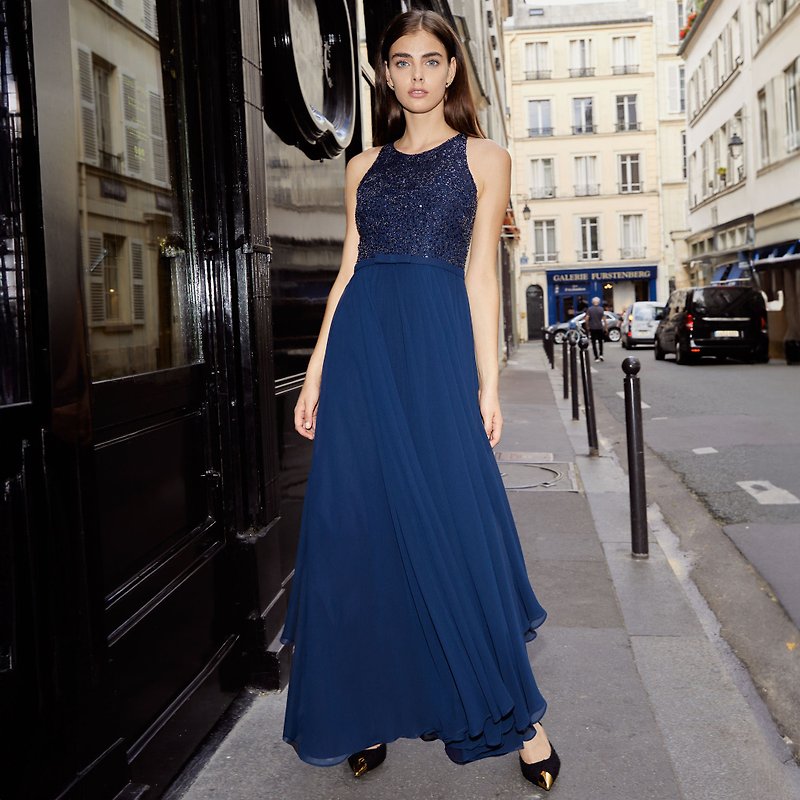 【全新上市】Renée閃耀星光輕奢縫珠長洋裝 - 禮服/小禮服 - 其他人造纖維 藍色