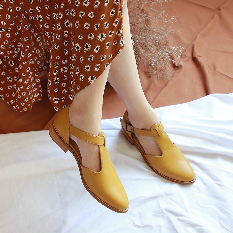 [Handmade by order] T-shaped plain leather oxford shoes _ mustard - รองเท้าอ็อกฟอร์ดผู้หญิง - หนังแท้ สีเหลือง