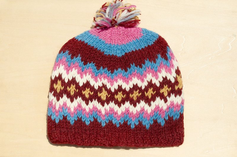 Valentine's Day Gift Hand-knitted Pure Wool Hat/ Knitted Woolen Hat/ Knitted Woolen Hat/ Inner Brush Hand-knitted Woolen Hat/ Woolen Hat-Burgundy Eastern European Ethnic Totem Geometry (Handmade Limited One) - หมวก - ขนแกะ หลากหลายสี