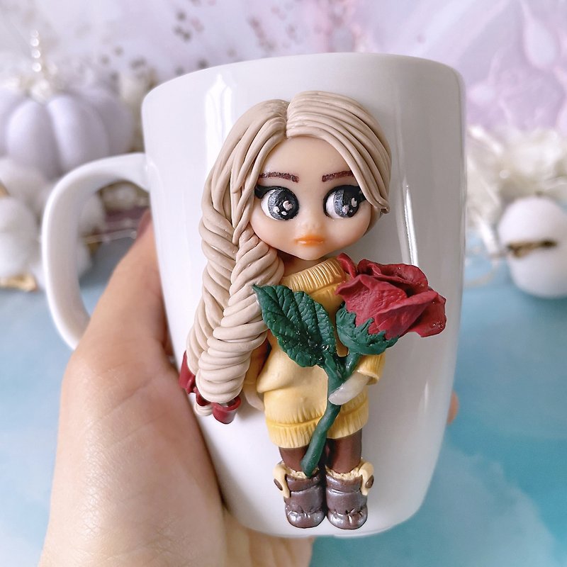 Coffee mug with a girl in brown tones and single rose in her hand. Taiwan rose. - Mugs - Clay Brown