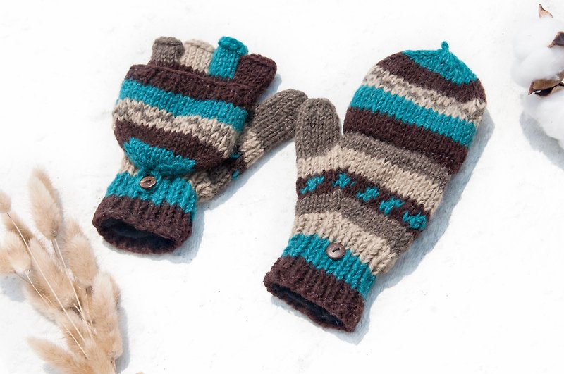 Hand-knitted pure wool knit gloves / detachable gloves / inner bristled gloves / warm gloves - blue Turkey - Gloves & Mittens - Wool Multicolor