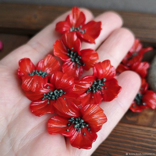 BijouByKatie Red flower beads, Glass flowers for Jewelry DIY, Handmade Lampwork Red Poppy