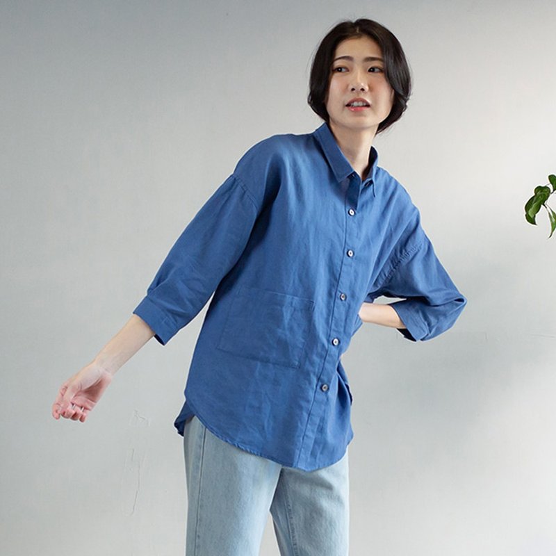 文青感雙口袋襯衫 藍 F - 女大衣/外套 - 棉．麻 藍色