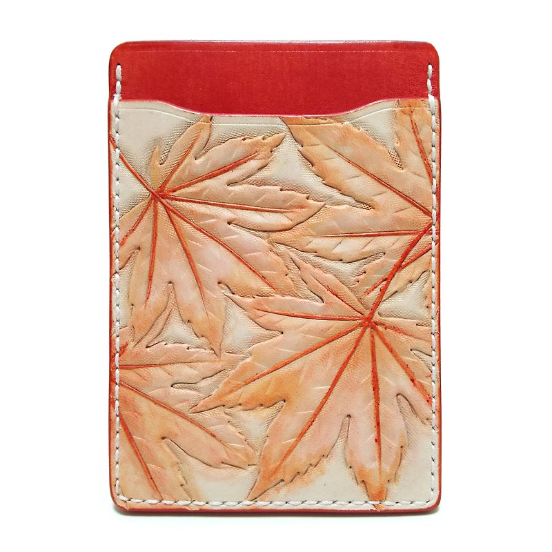 marie / Marie genuine leather leather pass case / autumn leaves / regular case / hand dyeing / carving - ที่ใส่บัตรคล้องคอ - หนังแท้ สีแดง