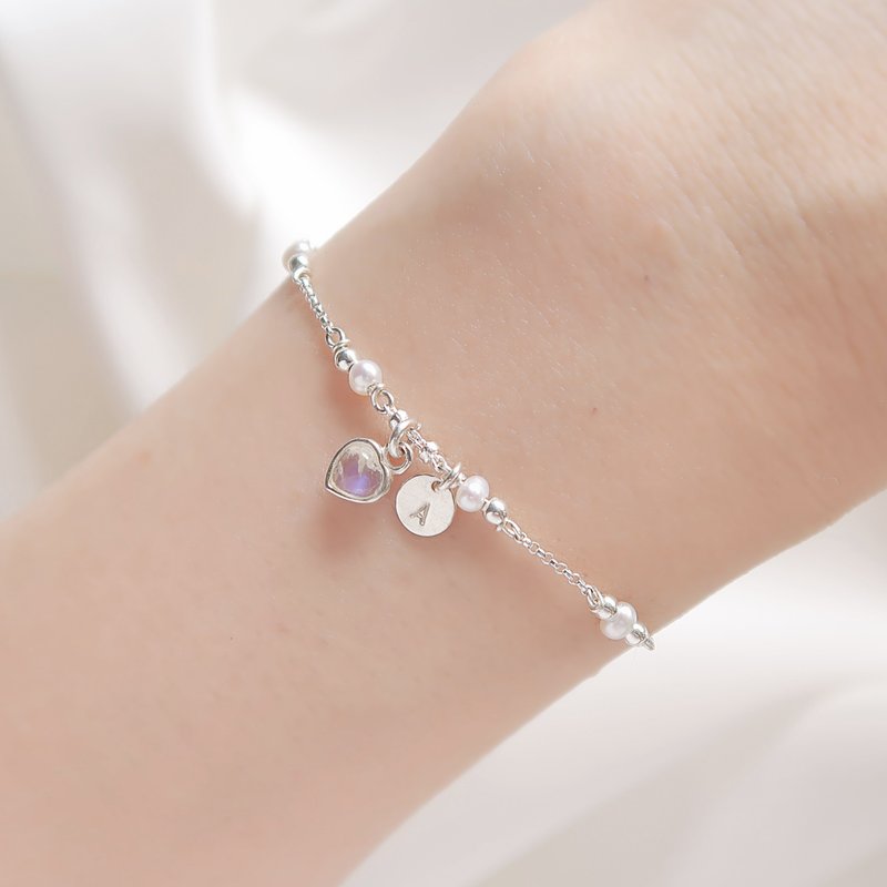 925 sterling silver moonstone dotted pearl Silver customized engraving bracelet free gift packaging - สร้อยข้อมือ - เงินแท้ ขาว