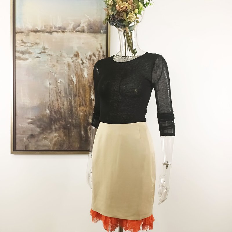 Ruffle hem straight cut full lined skirt in Japan cotton mix spandex - Skirts - Wool Khaki