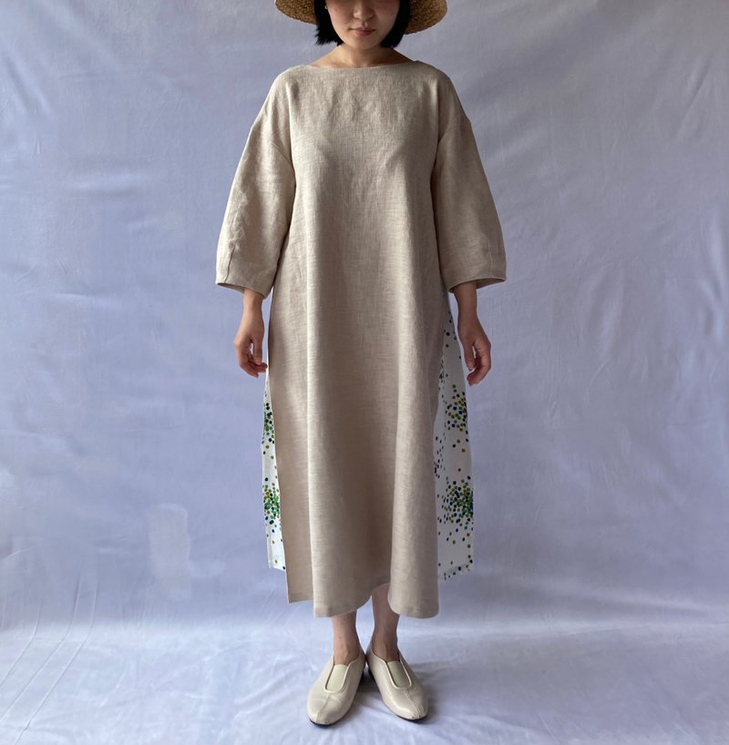 linen combination dress　lightbeige/sugerplum(white) - One Piece Dresses - Cotton & Hemp 