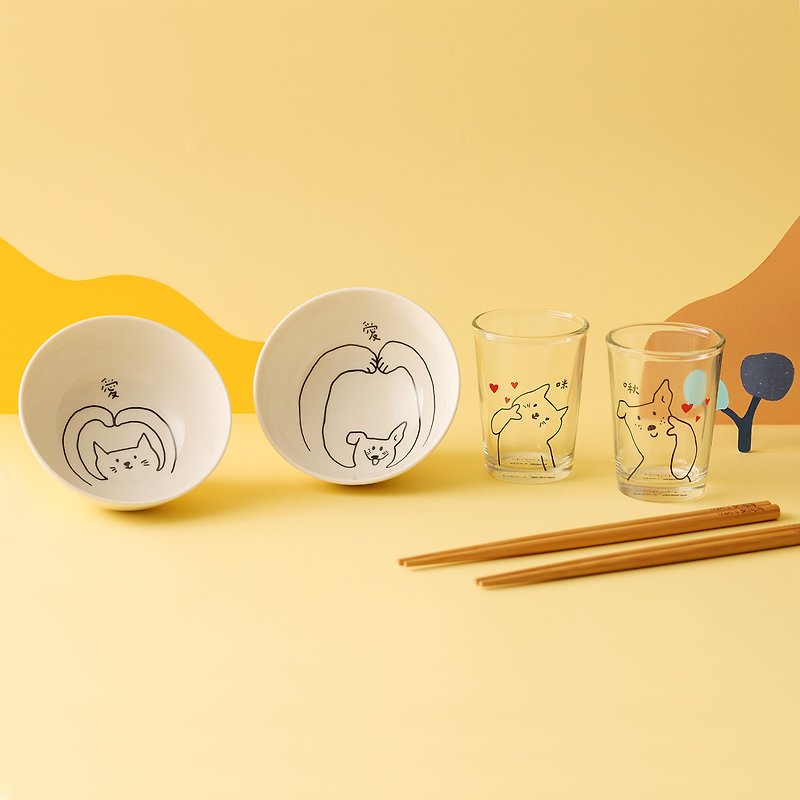 【Li Jinlun共同慈善プロジェクト】犬猫用二重ボウルガラスギフトボックスセット - 茶碗・ボウル - 磁器 多色