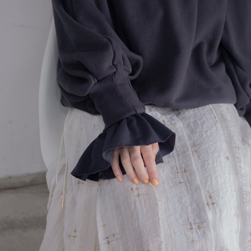 lib band sleeve pullover (charcoal) - 女上衣/長袖上衣 - 棉．麻 藍色