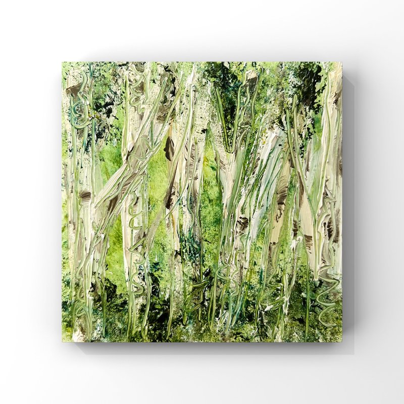 Birch Trees Oil Painting Abstract Green Trees Art Greenery Summer Landscape art - 海報/掛畫/掛布 - 其他材質 綠色