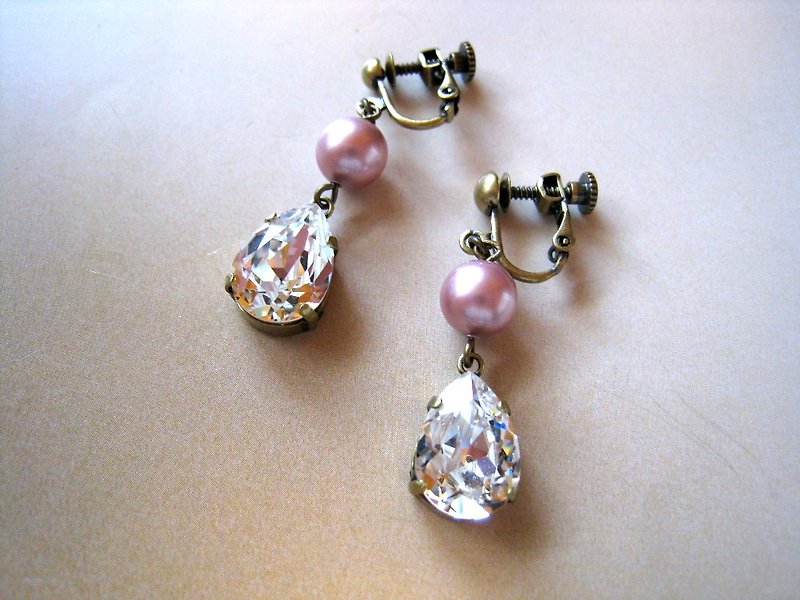 Silky Pearl & Swarovski Crystal Drop Earrings / ED : Pink - 耳環/耳夾 - 水晶 