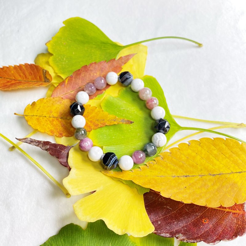 White Stone tourmaline health luck natural crystal Japanese handmade gift energy Stone bracelet - Bracelets - Crystal Gray