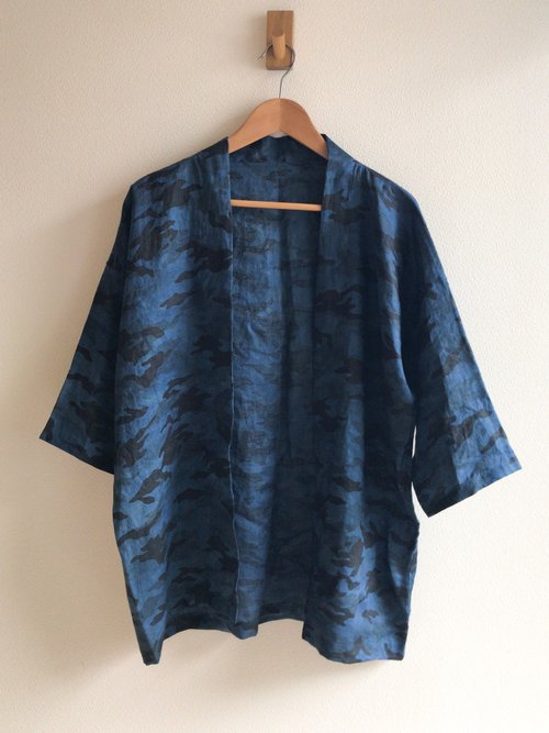 藍染め リネン迷彩柄羽織りカーディガン aizome indigo haori
