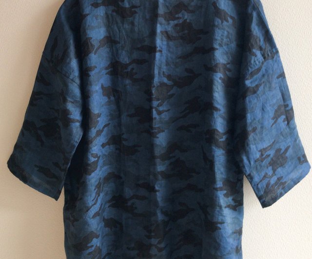 藍染め リネン迷彩柄羽織りカーディガン aizome indigo haori