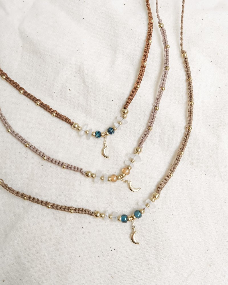 [Can be customized] Crescent Necklace Moonstone Stone Bronze Japanese Beads Wax Thread Braided - Necklaces - Copper & Brass Brown