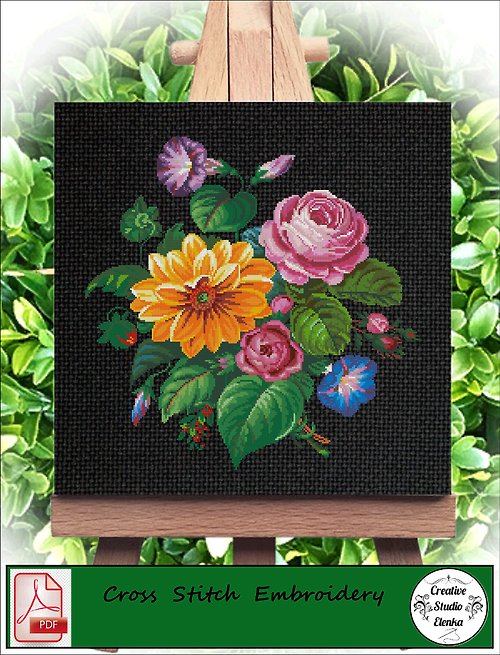 CreativeStudioElenka Vintage Cross Stitch Scheme Bouquet of flowers 5 - PDF Embroidery Scheme