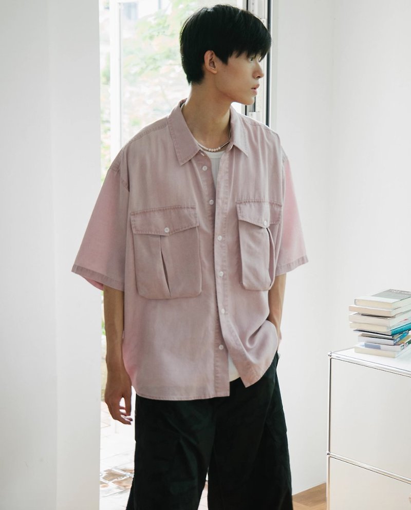 Japanese retro Tencel washed short-sleeved shirt - เสื้อเชิ้ตผู้ชาย - วัสดุอื่นๆ สึชมพู