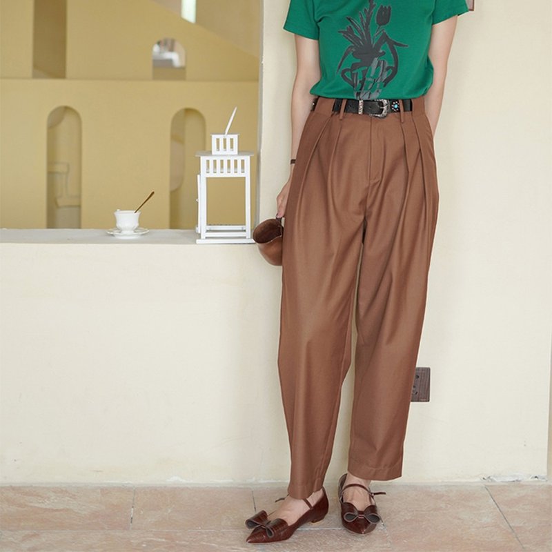 Coffee-colored cocoa mocha literary retro high-waisted casual pants radish pants drape smoothly, easy to take care of, not easy to wrinkle - กางเกงขายาว - ไฟเบอร์อื่นๆ สีนำ้ตาล