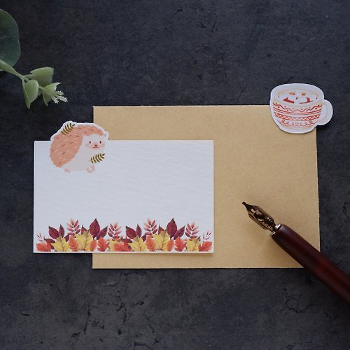 Jin design 【秋。刺蝟散步】卡片信封 米色紋路厚磅藝術紙 質感小卡 牛皮紙