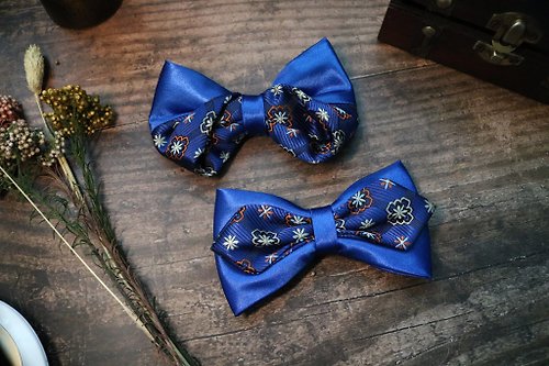 小可愛和小領帶 宝蓝色复古花纹拼接领结独特设计蝴蝶结八字结