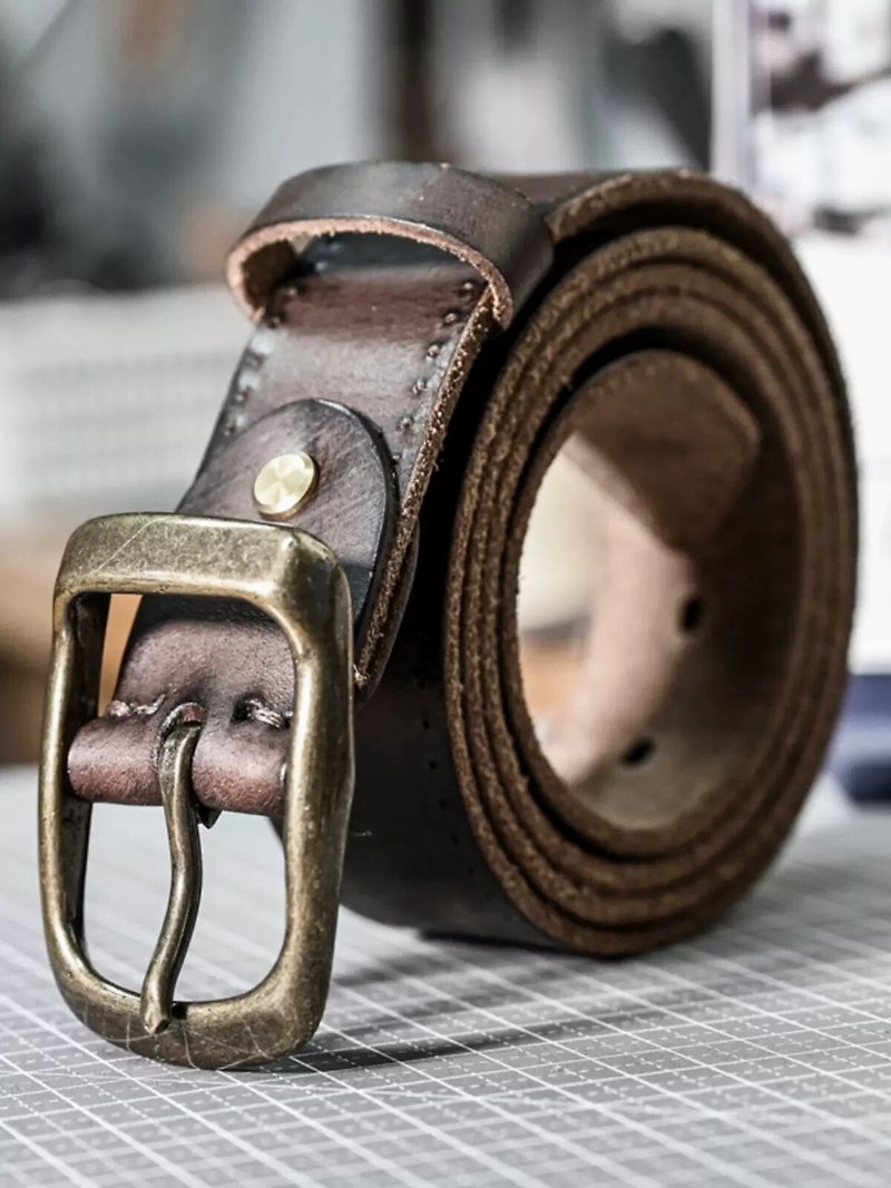 Vintage Handmade Genuine Leather Men's 3.3cm Belt For Jeans - เข็มขัด - หนังแท้ สีนำ้ตาล
