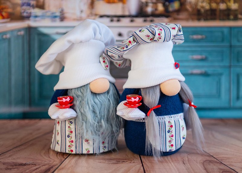 Kitchen gnome set, blue plush chef gnome, tea gifts for women - 公仔模型 - 其他材質 多色
