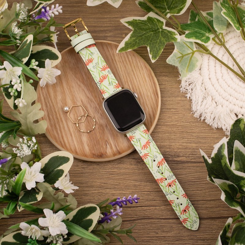 橙色花朵綠色印花蘋果錶帶Apple Watch 4/5/6/7/8/9/SE/Ultra 1 2 - 錶帶 - 真皮 綠色