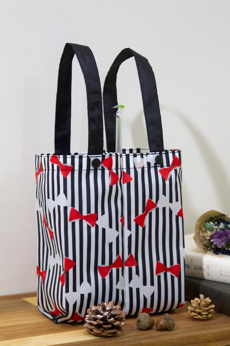 【Gi LAI】Eco-friendly double cup tote bag/couple drink bag-French bow - กระเป๋าถือ - วัสดุกันนำ้ สีดำ