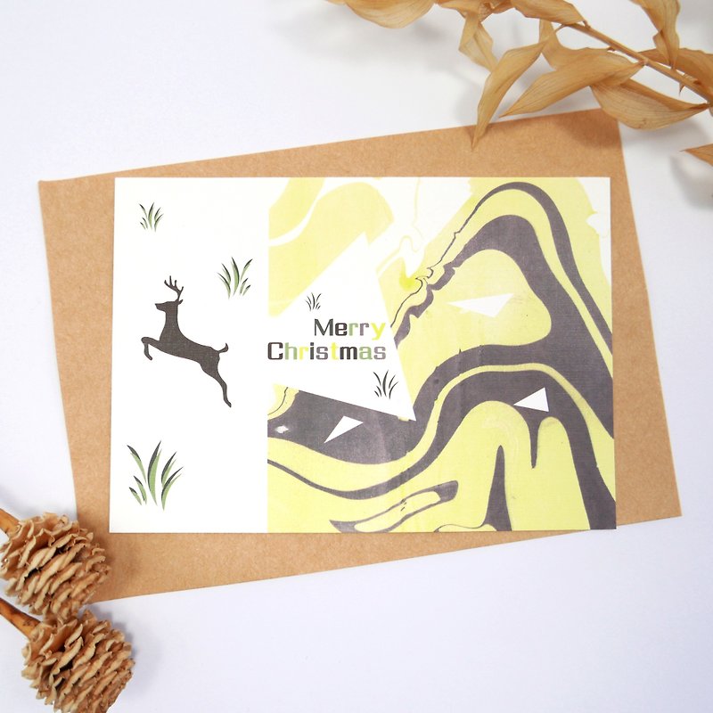 [麋鹿] 聖誕卡片 卡片 明信片 贈素色信封 聖誕禮物 交換禮物 浮水染 - 心意卡/卡片 - 紙 黃色