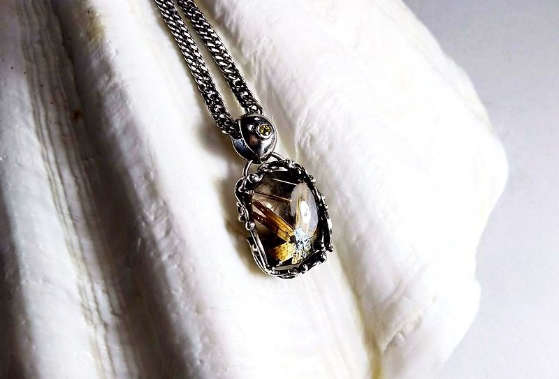 <Silver Series> Titanium Crystal Sterling Silver Design Pendant - Necklaces - Gemstone Yellow