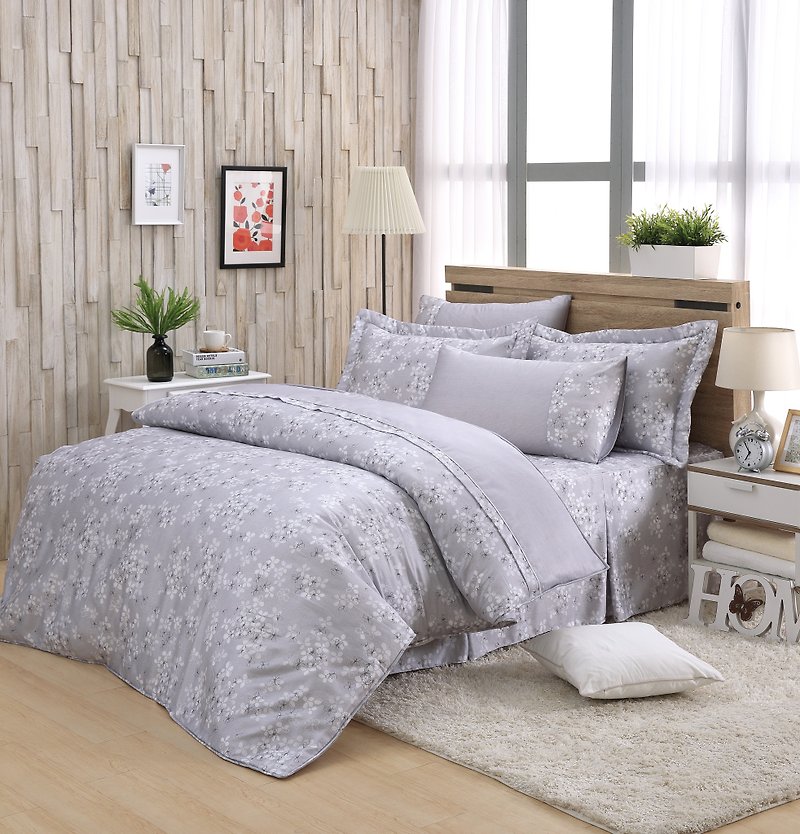 Double size fresh flower bud (grey) - Tencel dual-use bed cover six-piece group [100% lyocell] - Bedding - Silk Gray