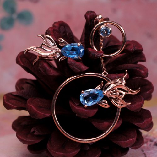 GOLD FISH - Blue Topaz 18K Rose Gold Plated Silver Unbalance Earring