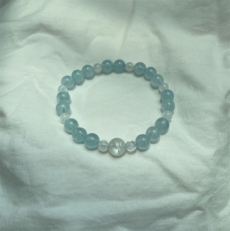 Aquamarine Rainbow Moonstone Raw Stone Banding Bracelet - 手鍊/手環 - 半寶石 藍色
