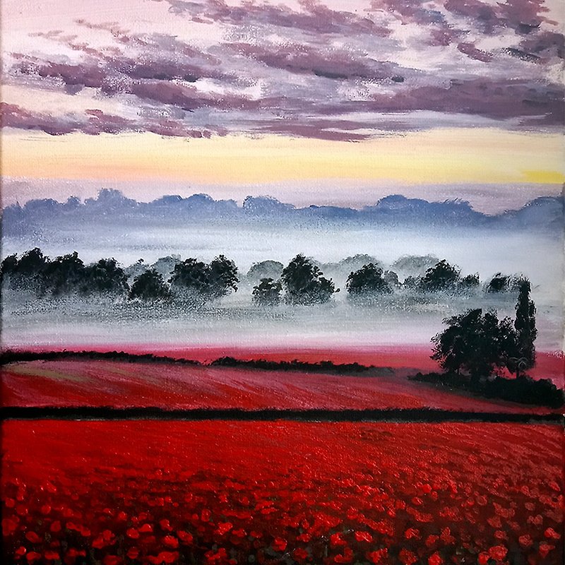 Red poppy field acrylic painting Landscape Original artwork Wall art Nature - 掛牆畫/海報 - 棉．麻 紅色