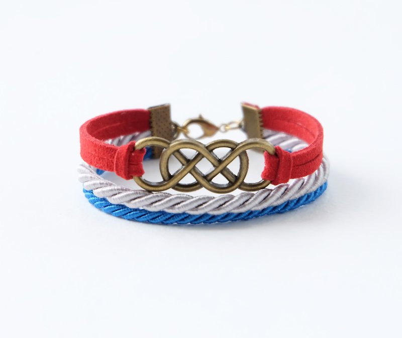Brass double-infinity in Red suede / Light gray / Vivid blue - Bracelets - Other Materials Blue