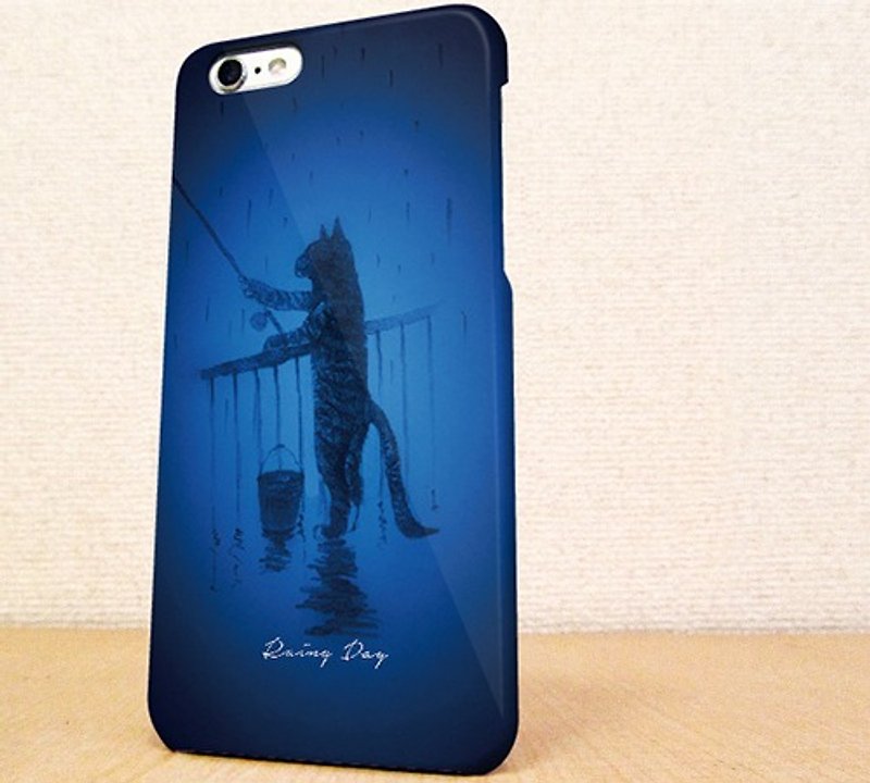 Free shipping ☆ iPhone case GALAXY case ☆ Cat phone case going fishing on rainy days - เคส/ซองมือถือ - พลาสติก สีน้ำเงิน