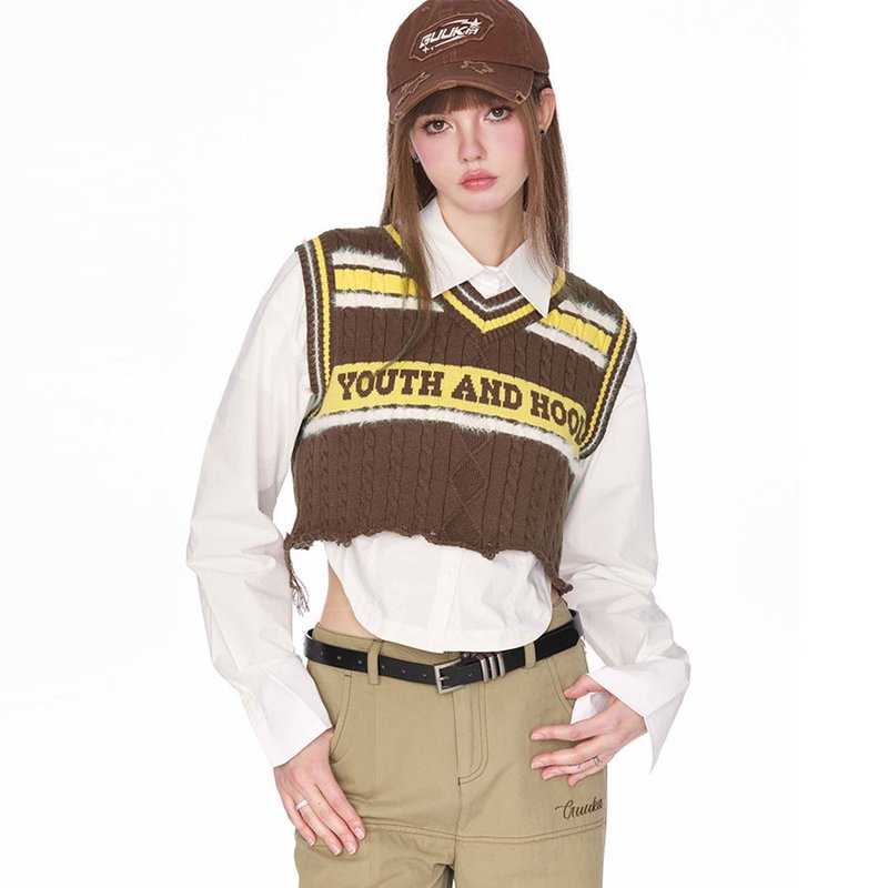 ブラウンのセーター・ベスト メンス・アームレス・ジャケット カレッジ風レトロトップ - ベスト - その他の素材 ブラウン