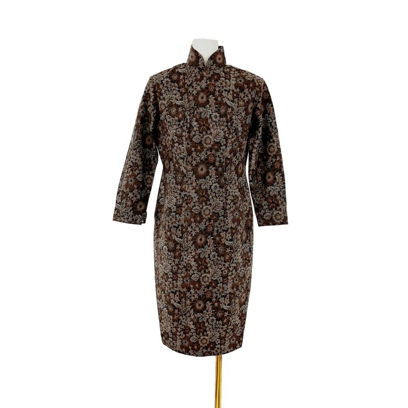 二手 古董訂製 咖啡色 緹花 毛料 旗袍 長袖 PF206 - 旗袍 - 聚酯纖維 咖啡色