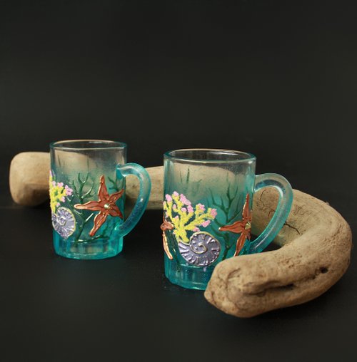 NeA Glass Glass Cups Shot Coffee Tea Sake Starfish Shell, Hand-painted set of 2