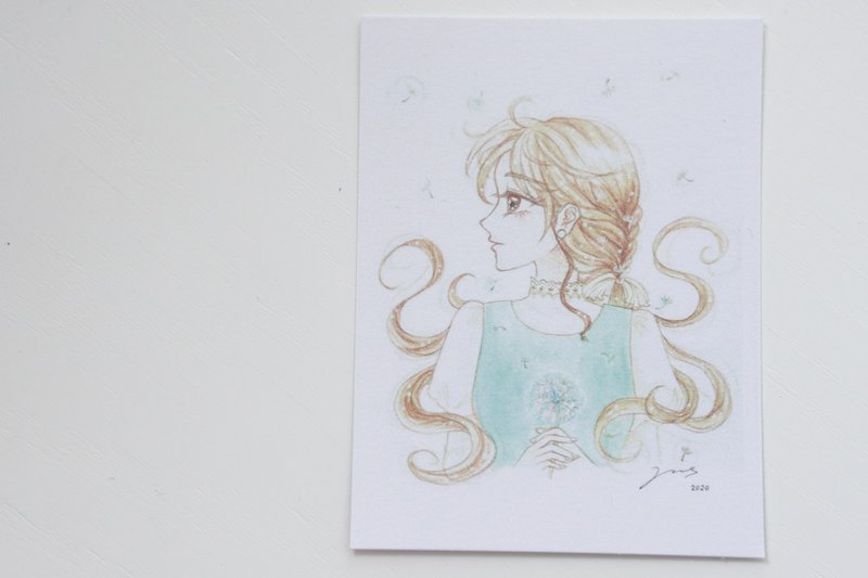 午夜的森林。花系少女手繪卡片 - 蒲公英 - 卡片/明信片 - 紙 藍色