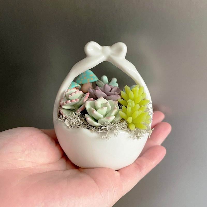 多肉植物鉢 No.31 バスケット型白磁器鉢。ポリマークレイ多肉植物 - 置物 - 粘土 グリーン