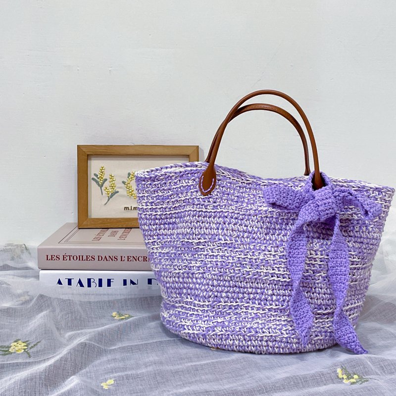 Japanese style wavy braid strap genuine leather handbag - Handbags & Totes - Cotton & Hemp Purple