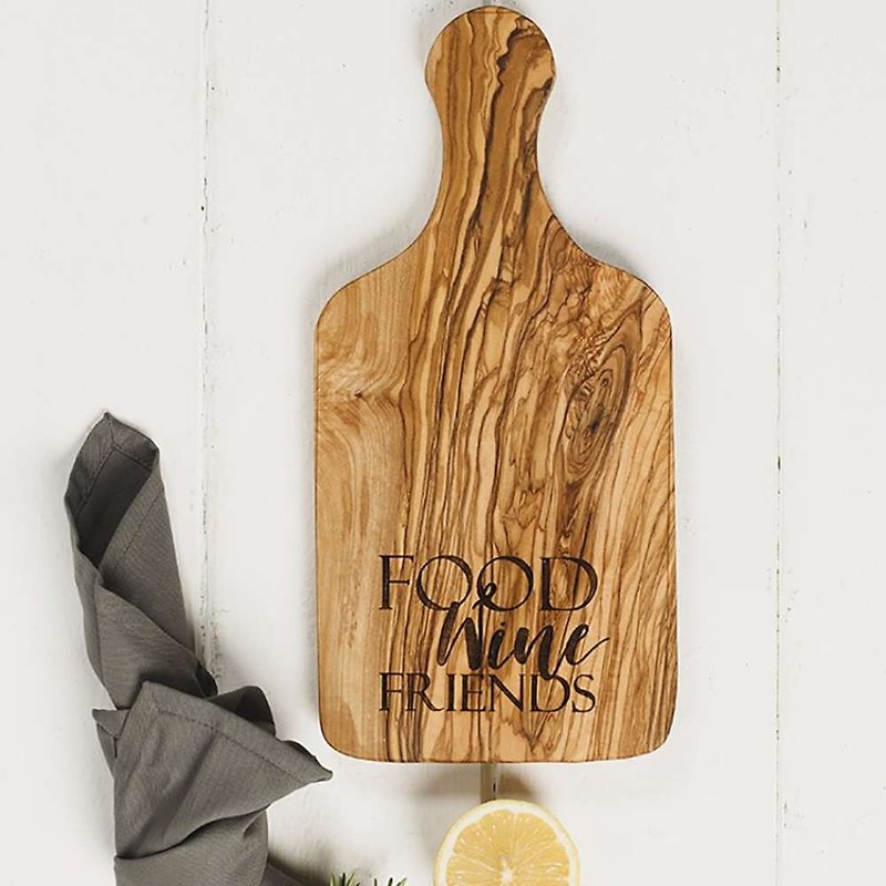 British Naturally Med olive wood integrated chopping board/dining board/display board with round hole handle with text - เครื่องครัว - ไม้ สีนำ้ตาล