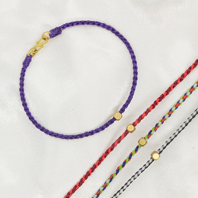 Four-strand kumihimo with square Bronze beads and silk Wax thread bracelet - สร้อยข้อมือ - ทองแดงทองเหลือง หลากหลายสี