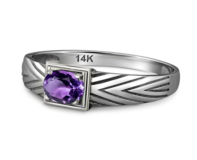 14 K Gold Mens Ring with Amethyst. - 戒指 - 貴金屬 金色