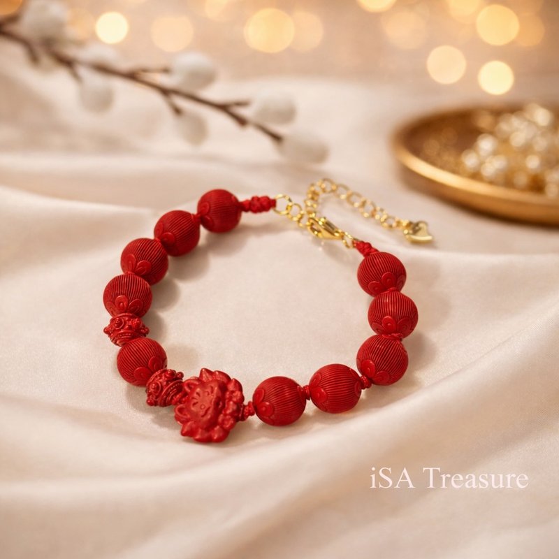 【深紅守護】 硃砂 × 九尾狐能量手鍊 - 手鍊/手環 - 其他材質 粉紅色