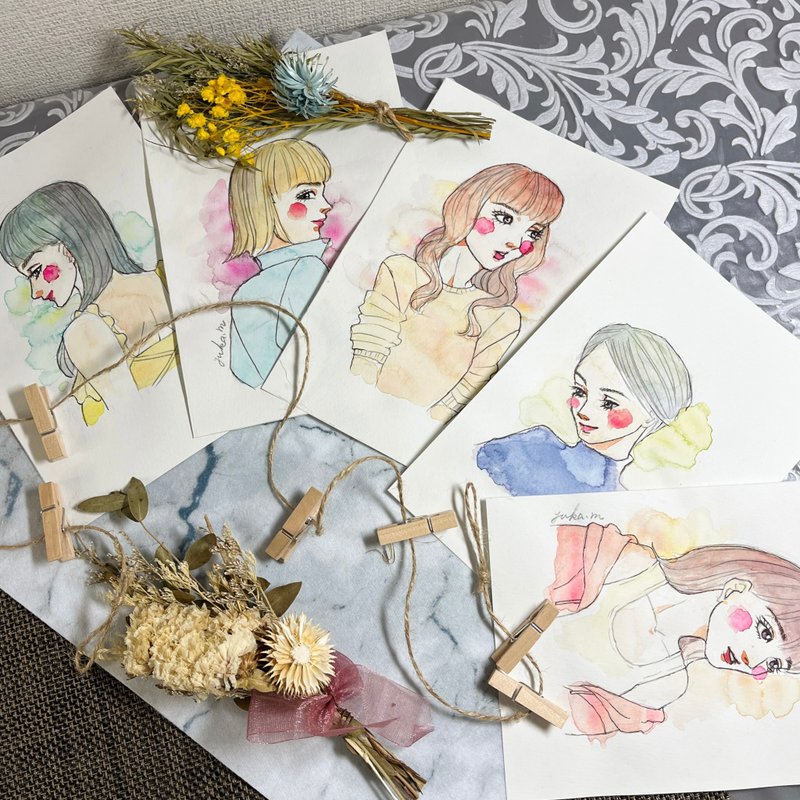 Original illustrations of beautiful women, set of 5 B6size - โปสเตอร์ - กระดาษ หลากหลายสี